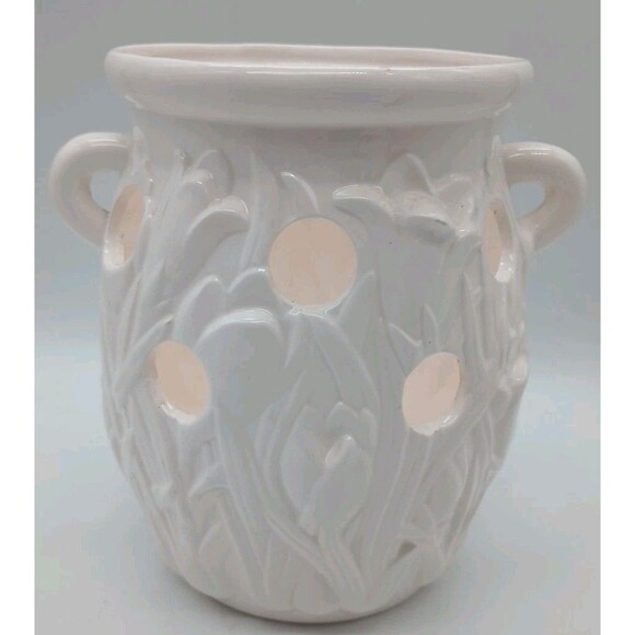 Vtg Spring Bulb Planter Crocus Handled Porcelain White - Picture 3 of 7
